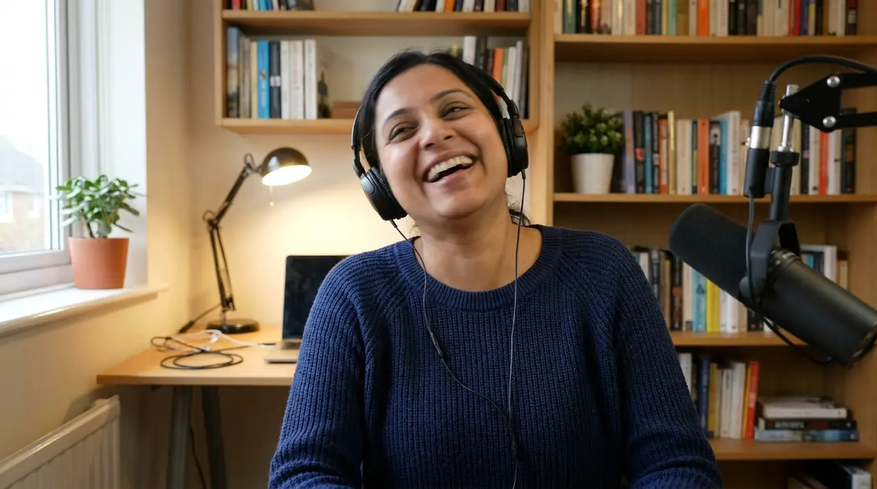 A guest laughing at her desk during a recording