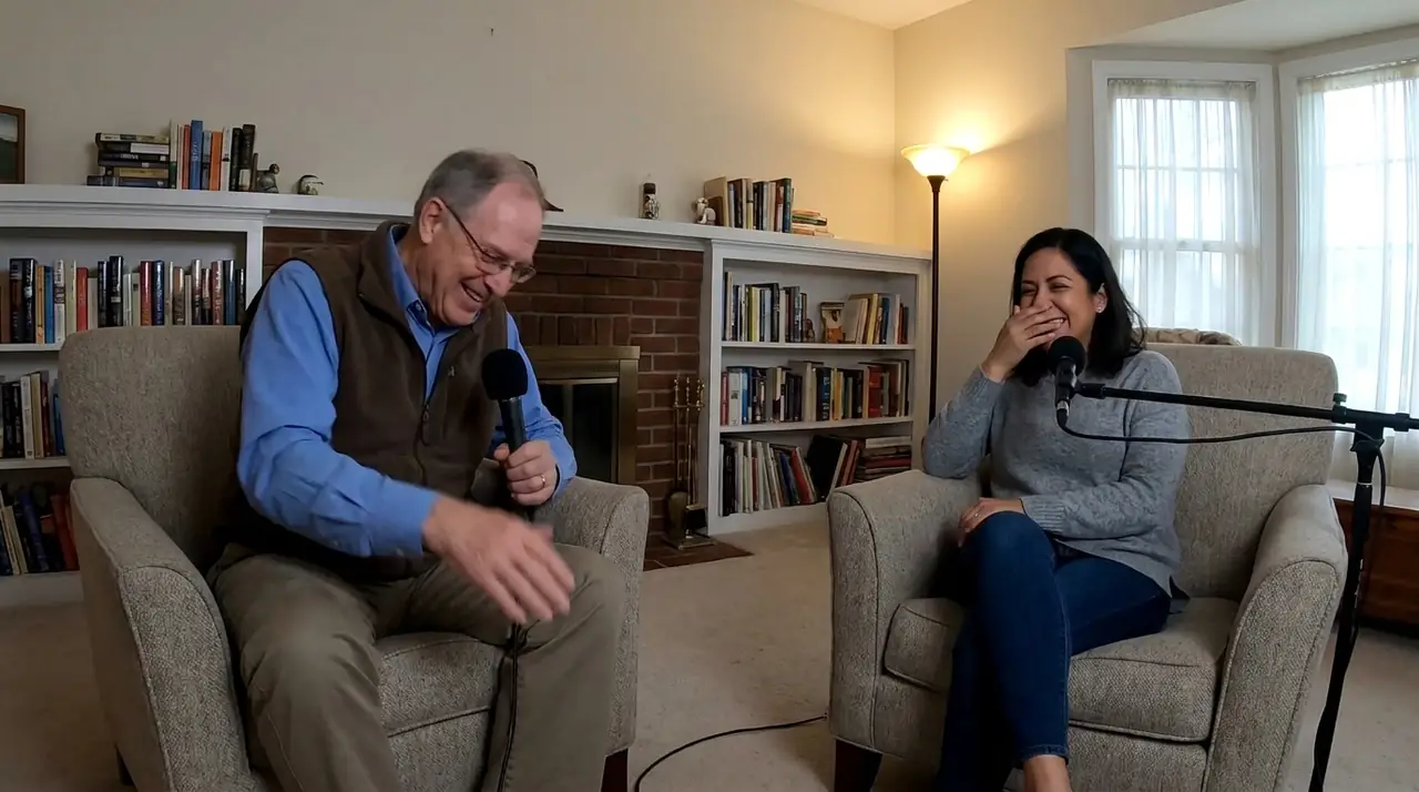 A host and a guest laughing in armchairs in a sitting room